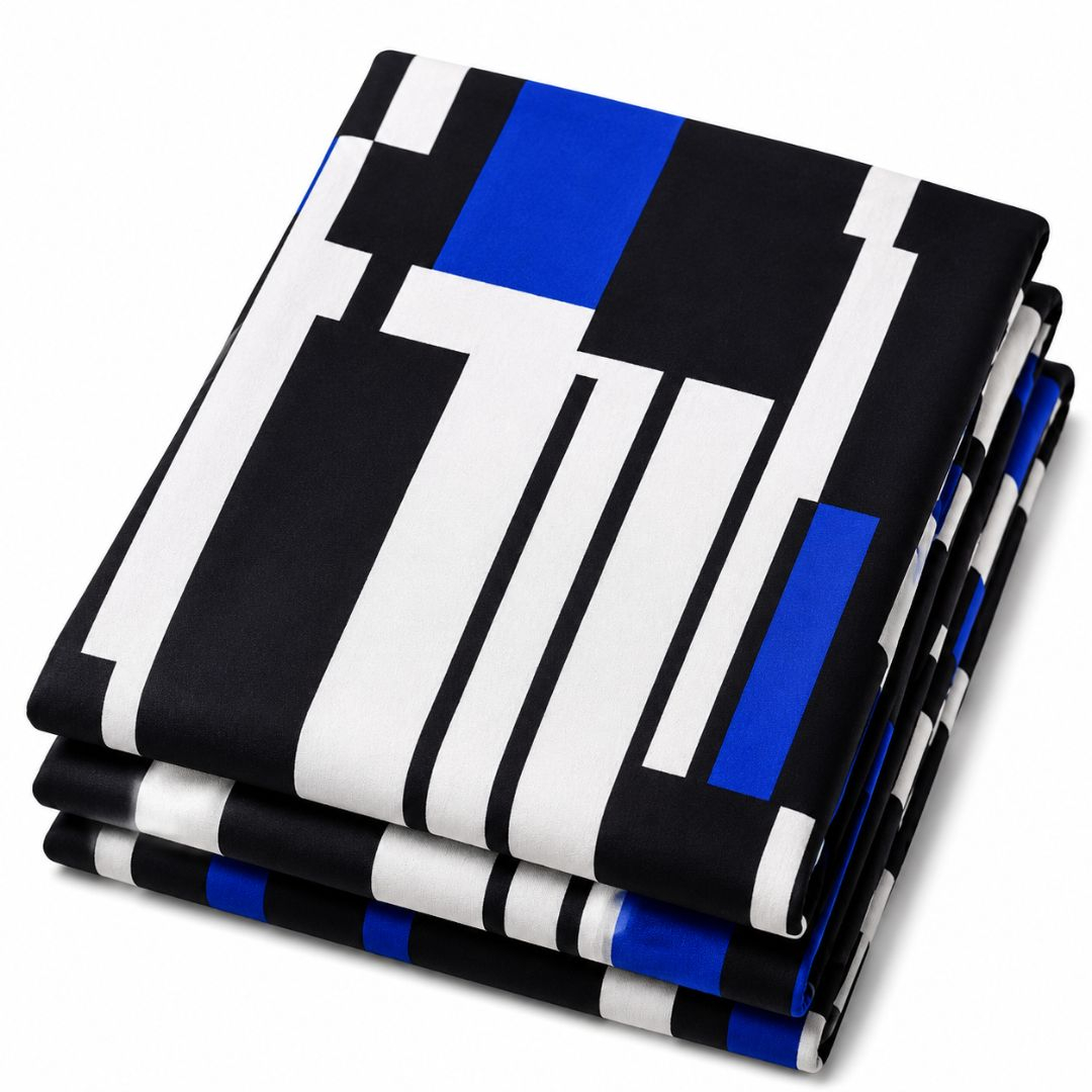 Premium Vintage Black, White & Royal Blue Geometric Print Fashion Fabric